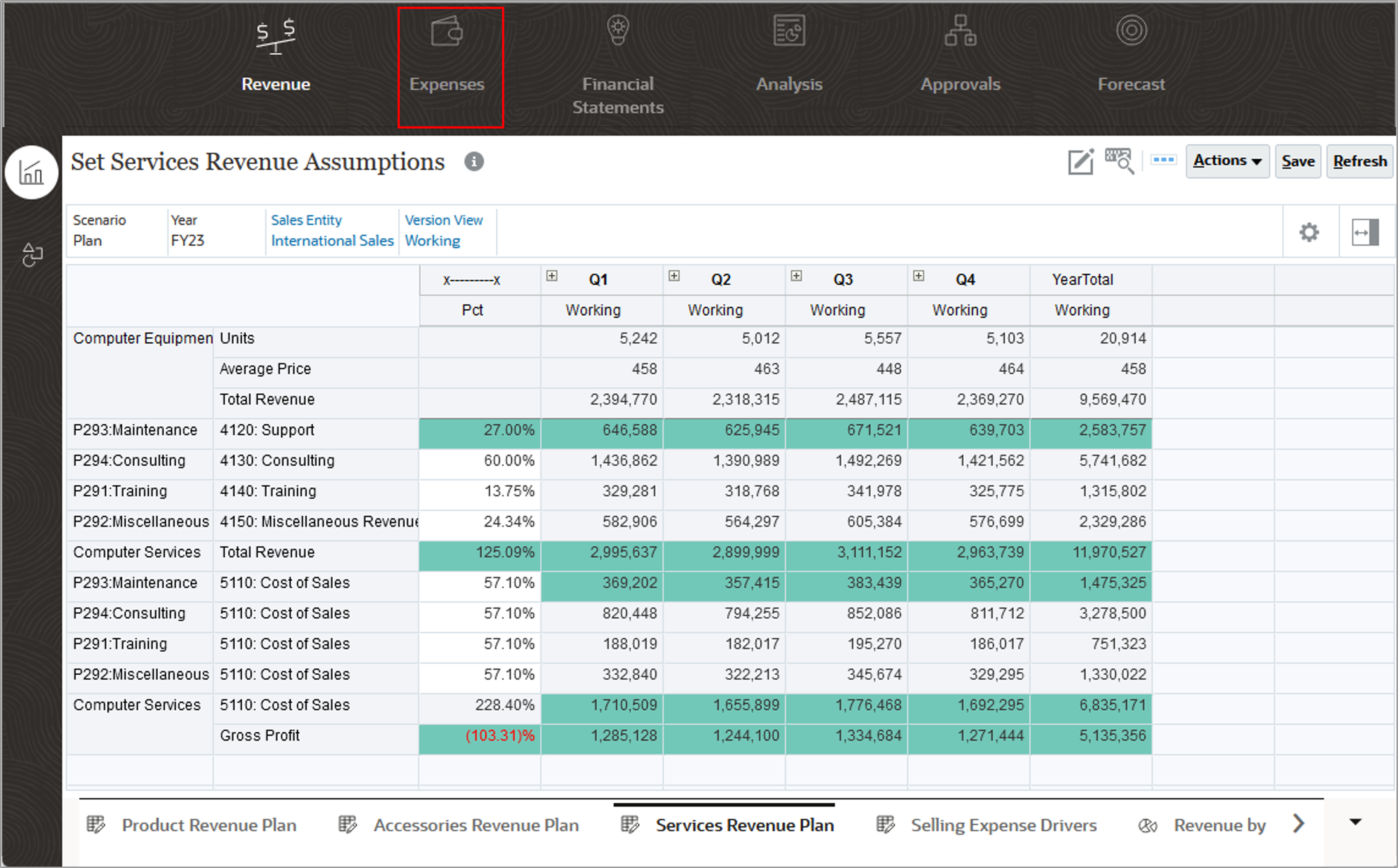 Set Services Revenue Assumptions with Expenses card Highlighted